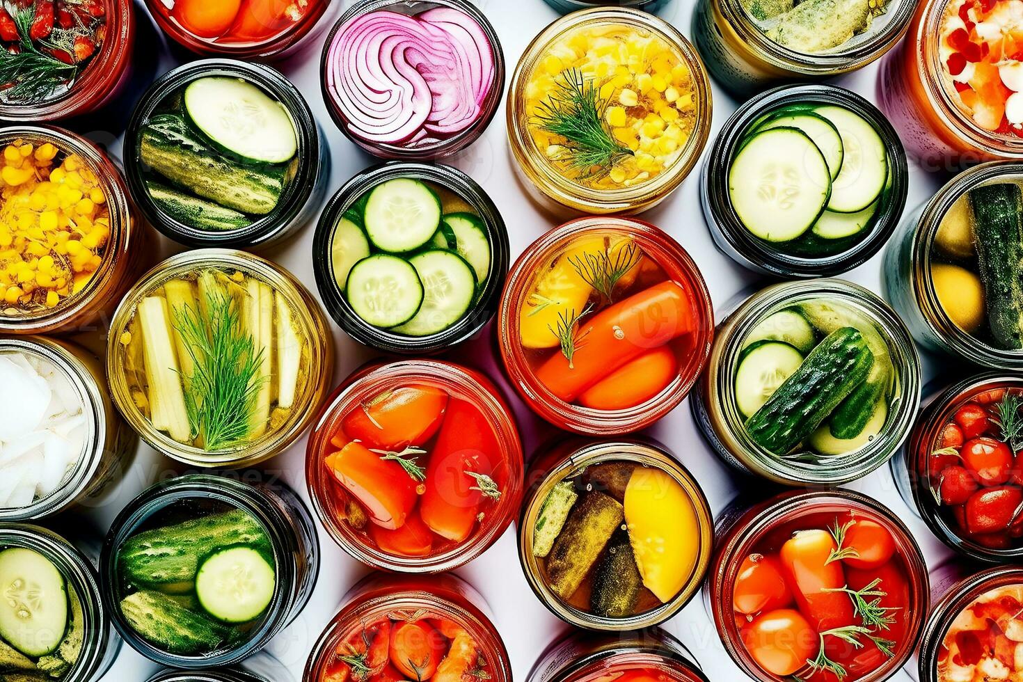 Fermented food overhead flat lay shot. Homemade vegetable preserves. Sauerkraut, pickles, kimchi etc in glass jars. Generative AI content, photo