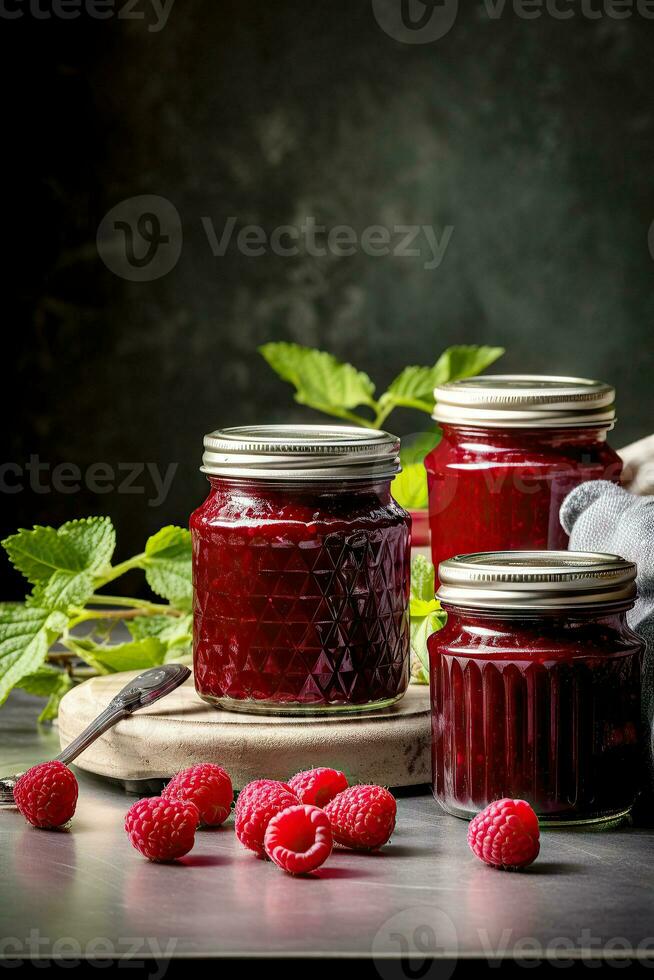 Raspberry jam with berry on light background. Homemade jam with raspberry. Generative AI content, photo