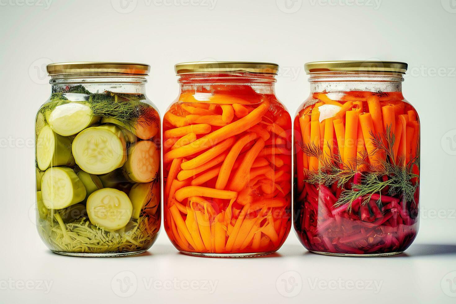 Three jars of pickled vegetables. Food conservation for autumn and winter. A close-up. Generative AI content, photo