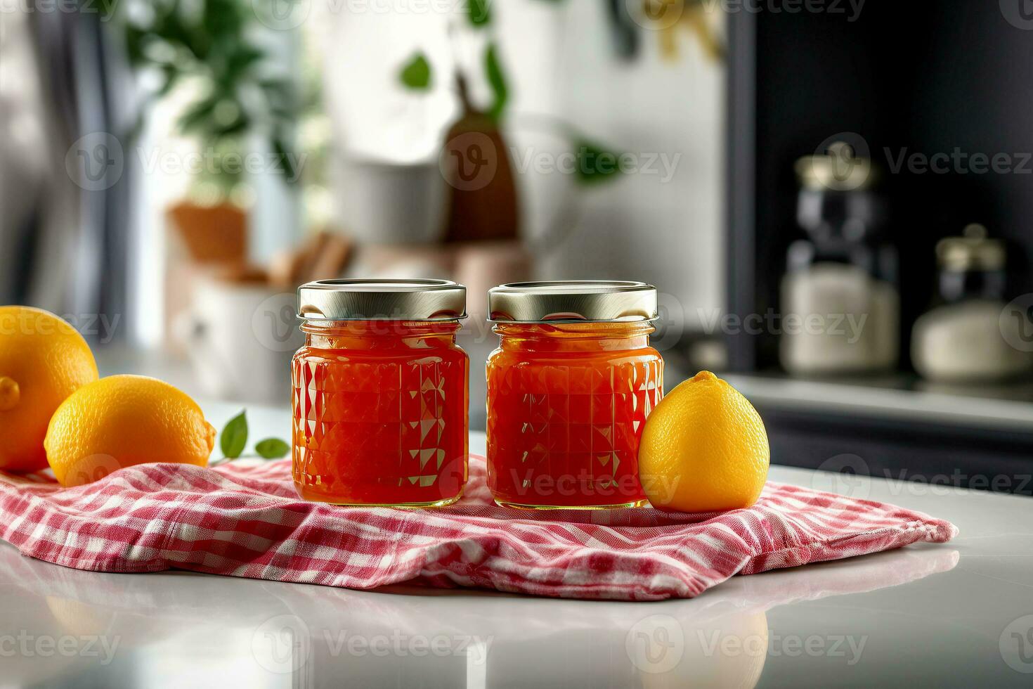 orange jam in a glass jar, fresh oranges on a gray concrete background. Generative AI content, photo