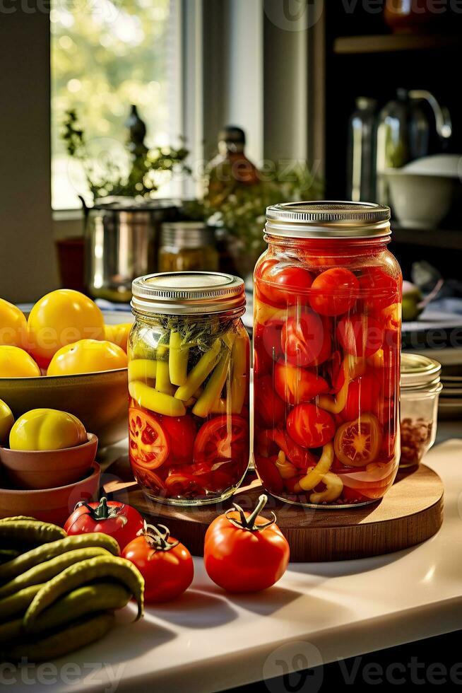canning and fermentation of vegetables. Pickled cucumbers and tomatoes in jars in a bright kitchen near the window. Generative AI content, photo
