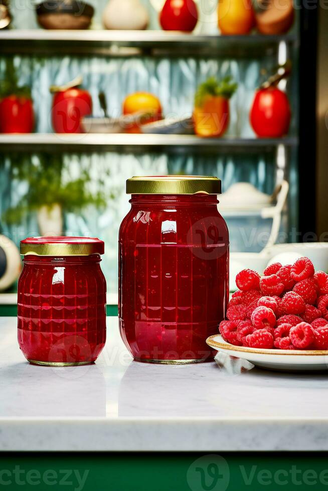 Jar of raspberry jam and fresh berries with leaves on a pine stump. Copy space. photo