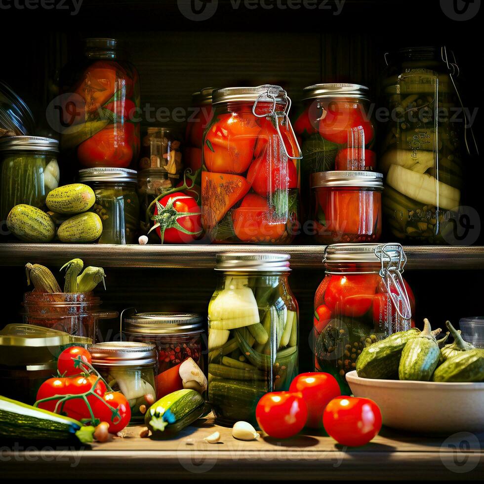 envase y fermentación de vegetales. en escabeche pepinos y Tomates en frascos en un brillante cocina cerca el ventana. generativo ai contenido, foto