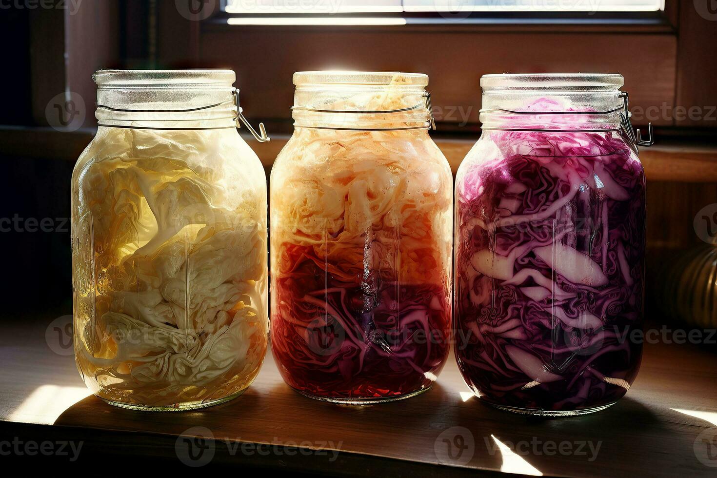 Generative AI content, Pickled cabbage, sauerkraut with carrots in glass jar on dark wooden table, rustic style, selective focus photo