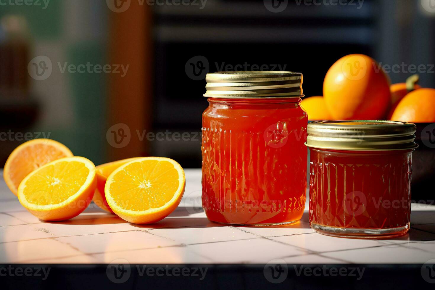 orange jam in a glass jar, fresh oranges on a gray concrete background. Generative AI content, photo