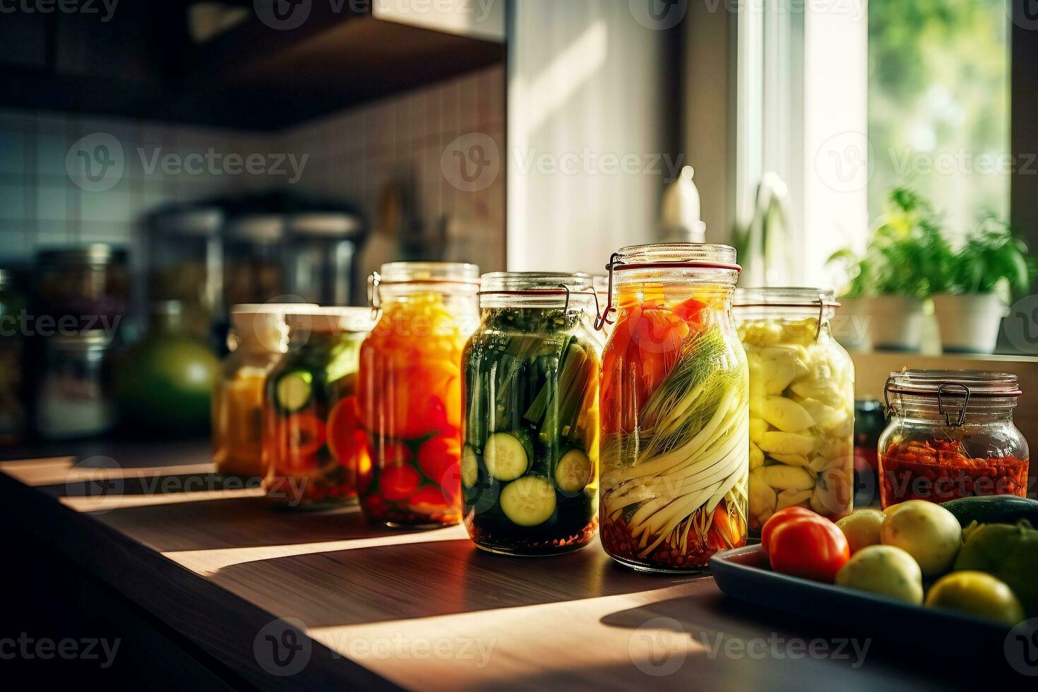 canning and fermentation of vegetable0s. Pickled cucumbers and tomatoes in jars in a bright kitchen near the window. Generative AI content, photo