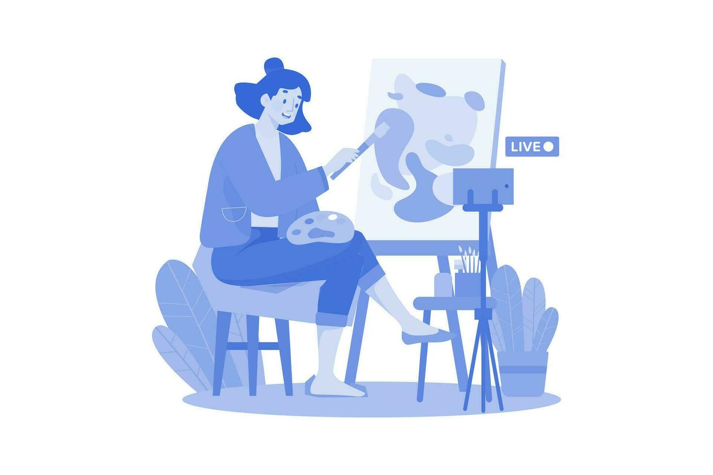 Female Blogger Draws A Picture On Canvas vector