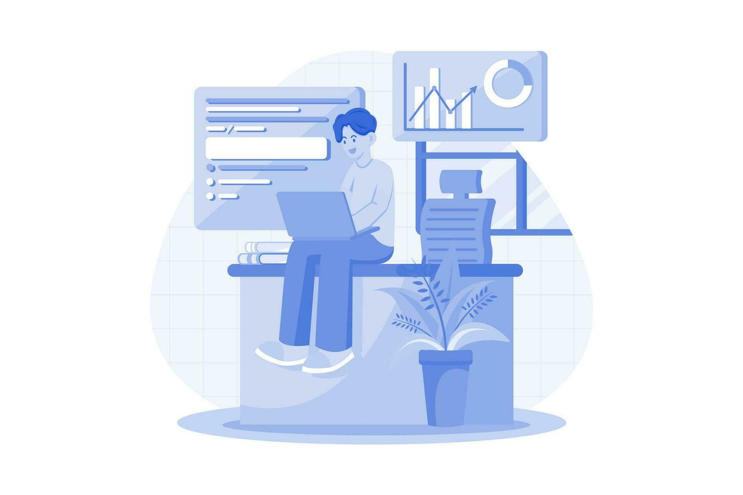 Guy Sitting At A Table On The Laptop At Home vector