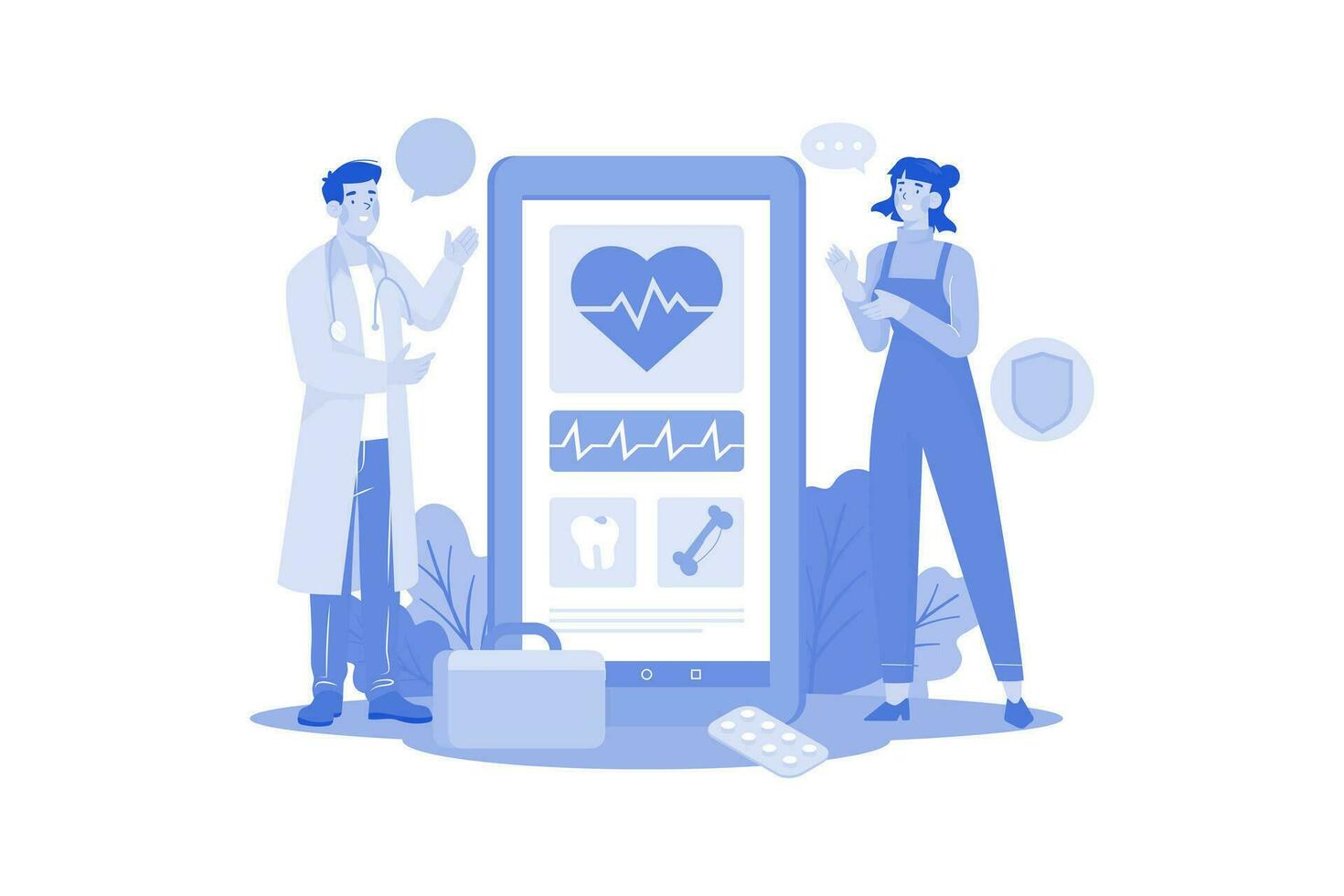A woman using a medical app to manage health information vector