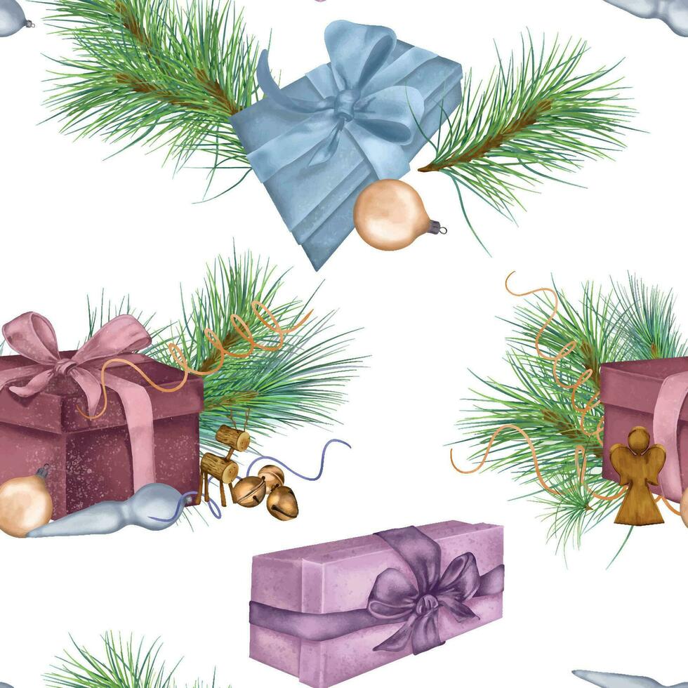 Christmas seamless pattern of gift boxes, Christmas decorations digital illustration isolated on white. Pine branch, deer, angel hand drawn. Element for holiday print, new year wrapping, background vector