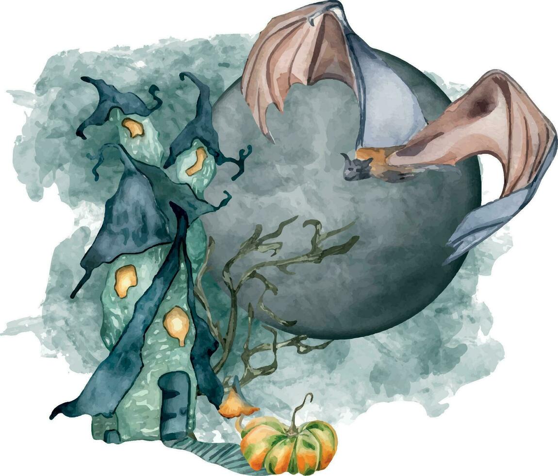 Halloween composition with moon, bat, pumpkin watercolor illustration isolated on white. Bare tree, haunted house hand drawn. Design element for card, print, Halloween poster, gothic style vector