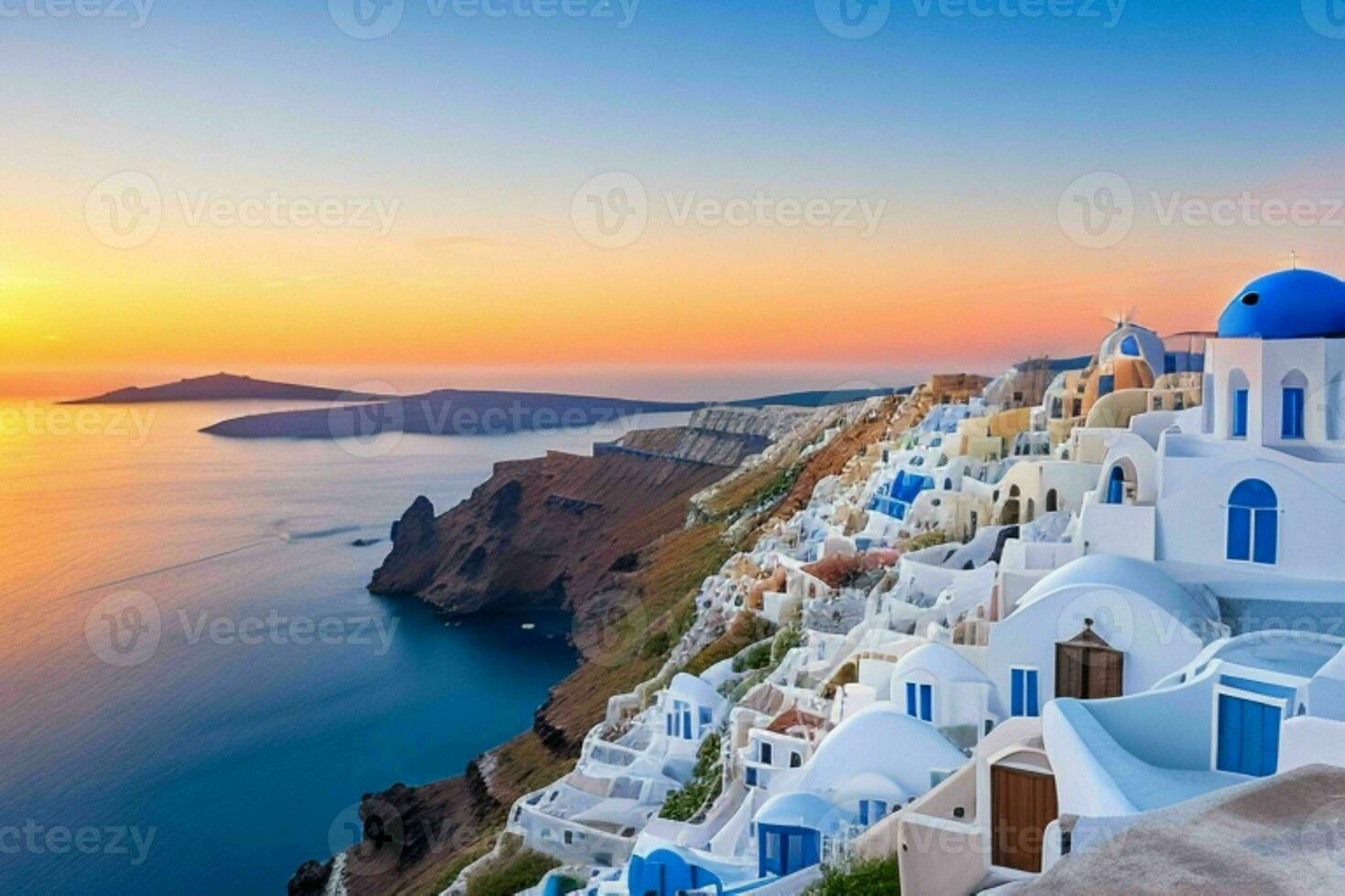 Landscape Mediterranean Santorini island, Greece . AI Generative Pro Photo