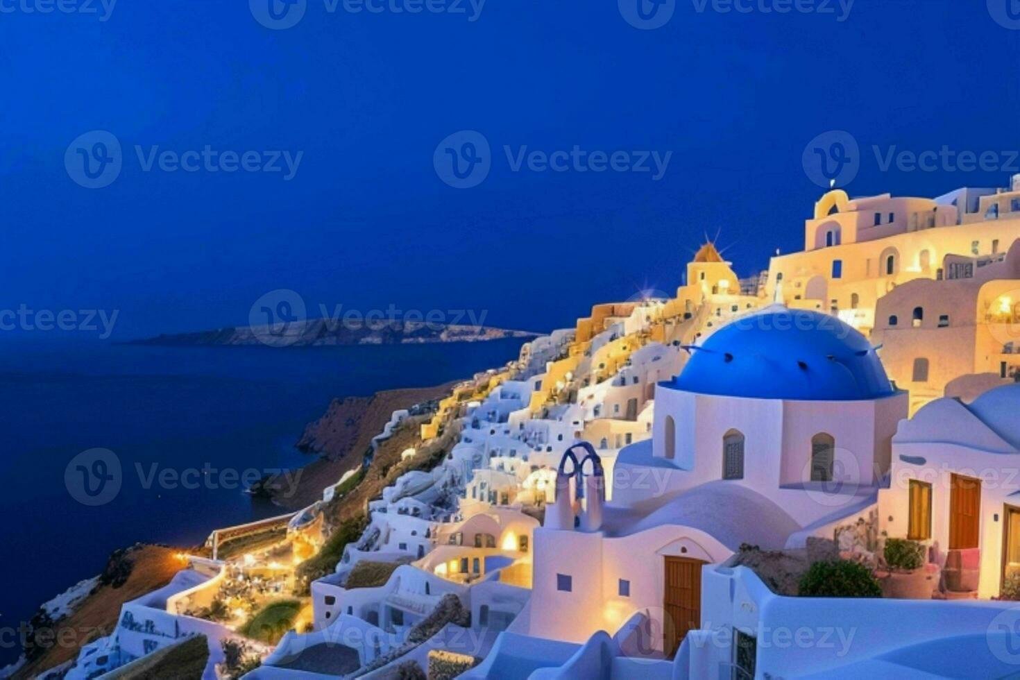 Landscape Mediterranean Santorini island, Greece . AI Generative Pro Photo