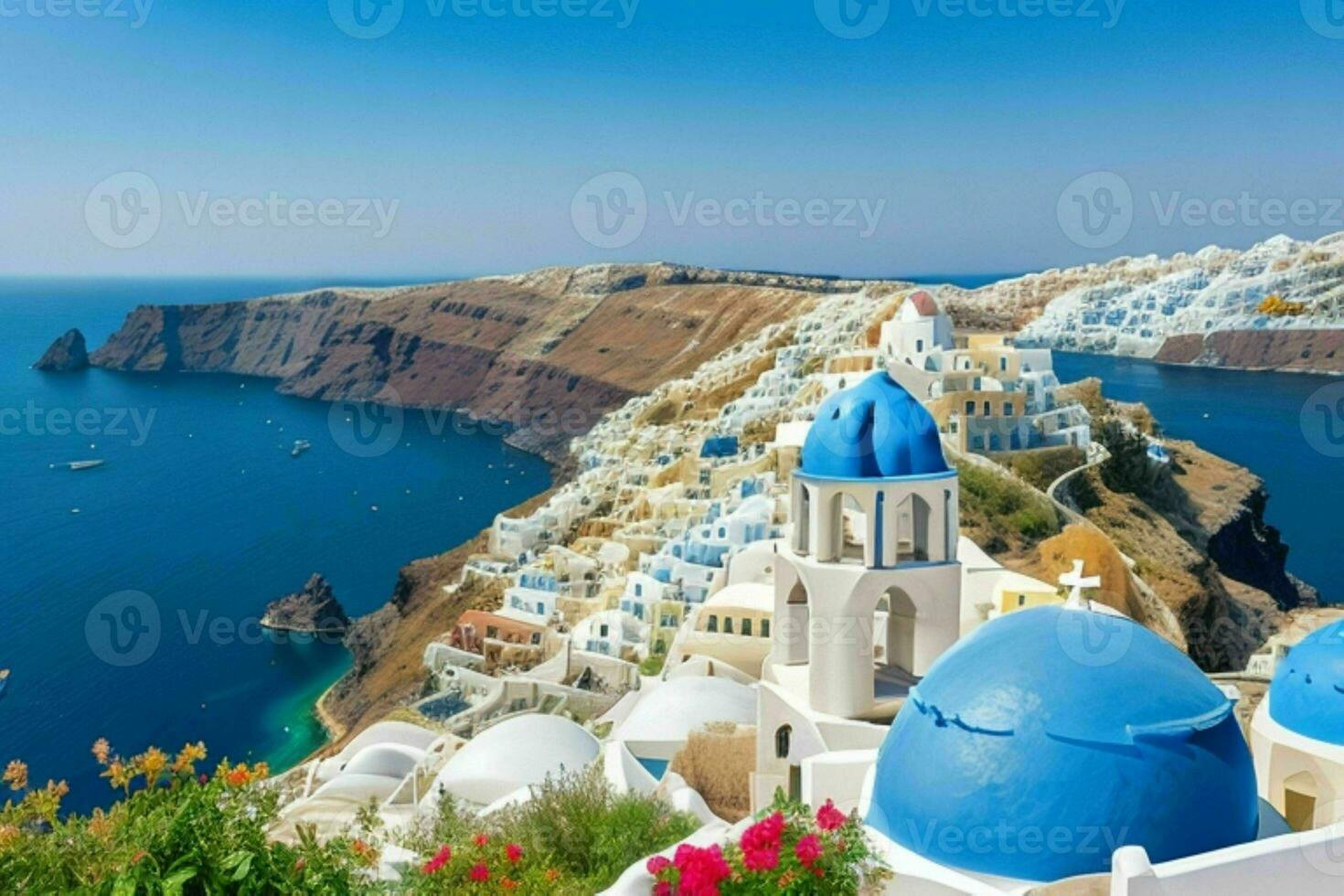 Landscape Mediterranean Santorini island, Greece . AI Generative Pro Photo