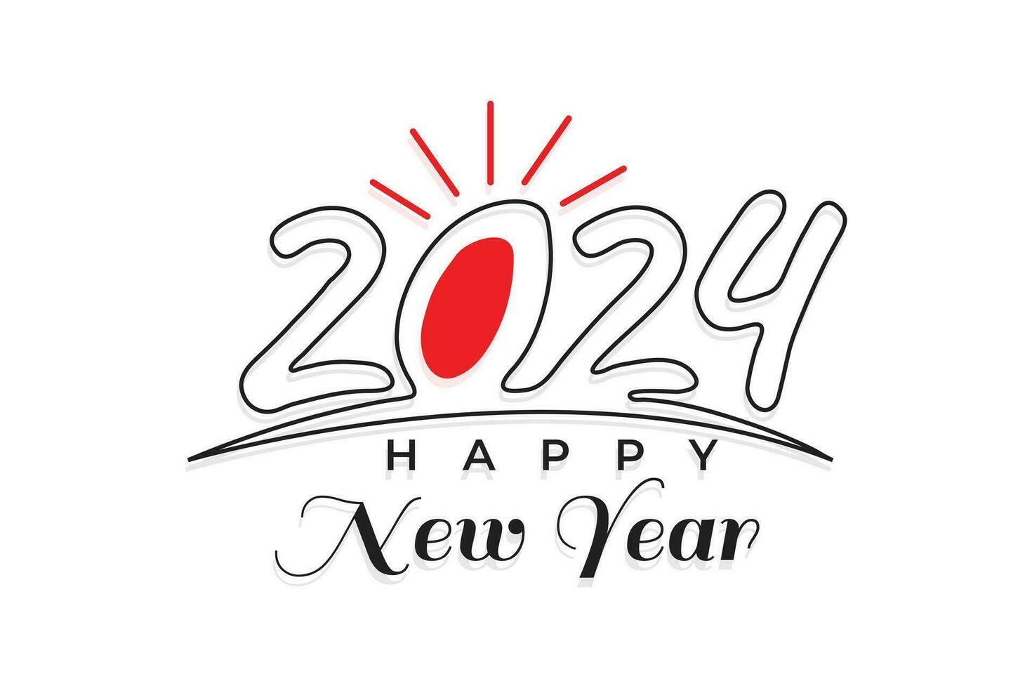 Line style 2024 lettering happy new year white background design with a red sunray vector