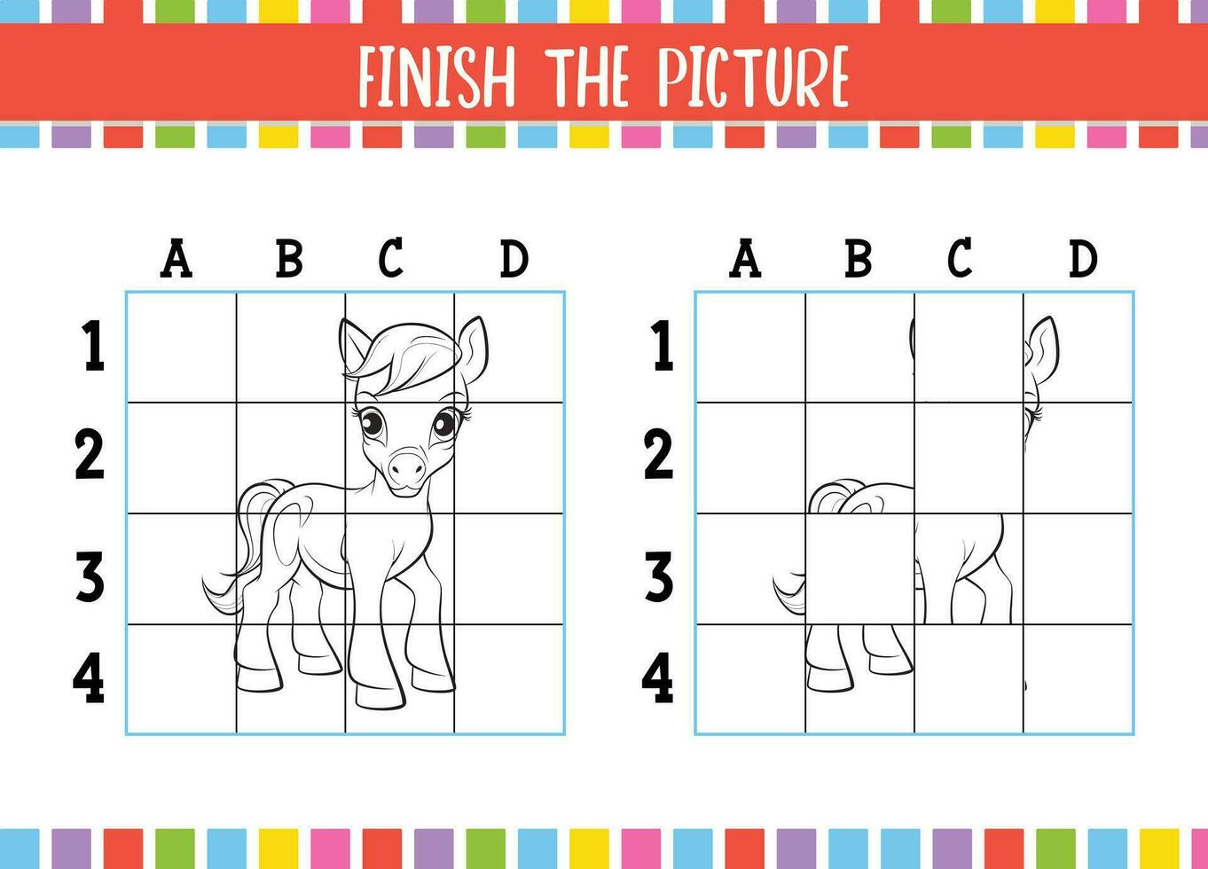 Kids Educational Coloring Book Pages Finish The Picture of cute cartoon Horse Fun vector