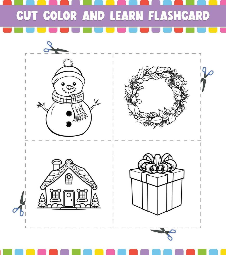 cortar color y aprender tarjeta de memoria flash actividad colorante libro para niños dibujos animados personaje negro contorno silueta Navidad tema vector