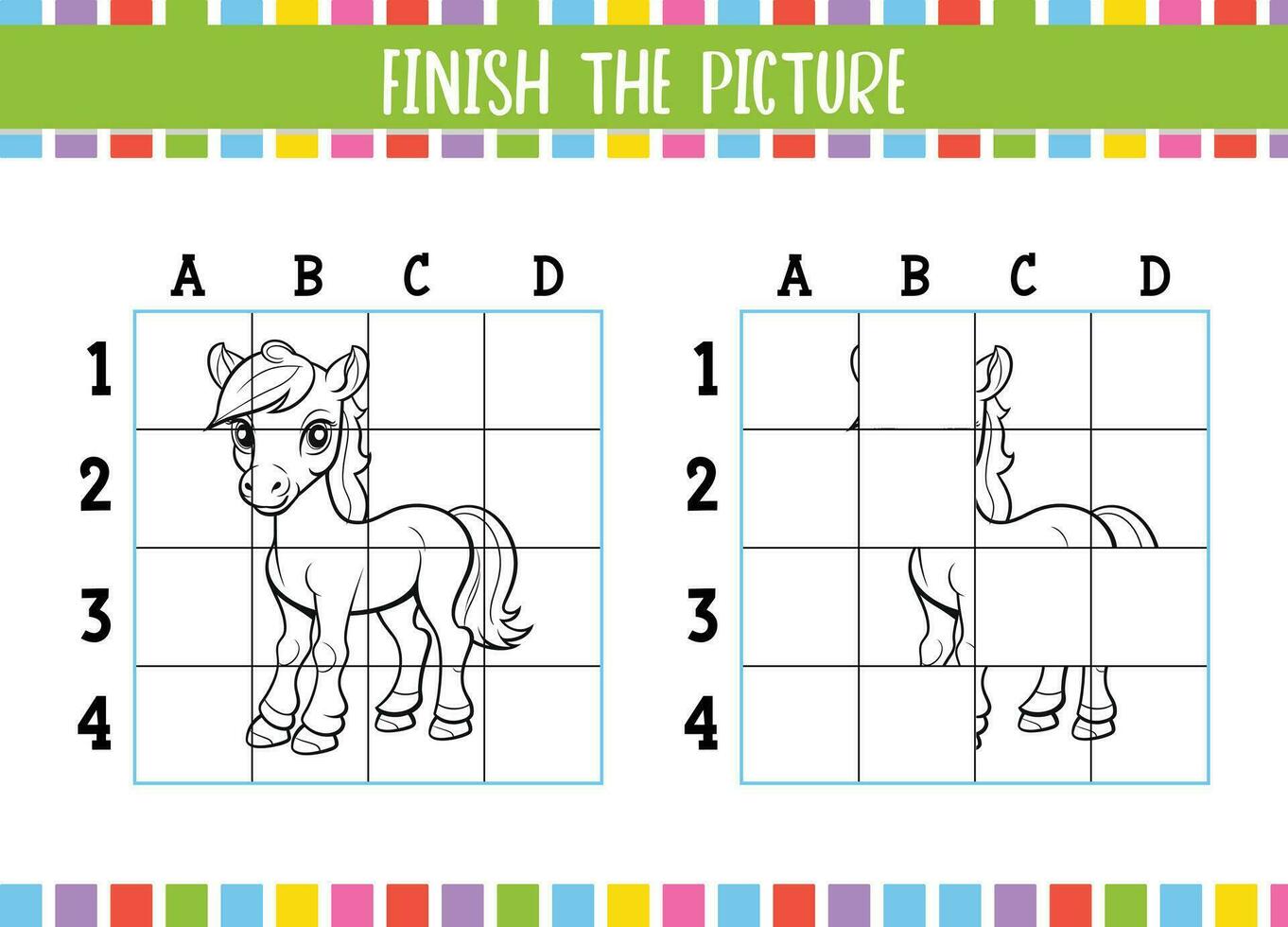 Kids Educational Coloring Book Pages Finish The Picture of cute cartoon Horse Fun vector
