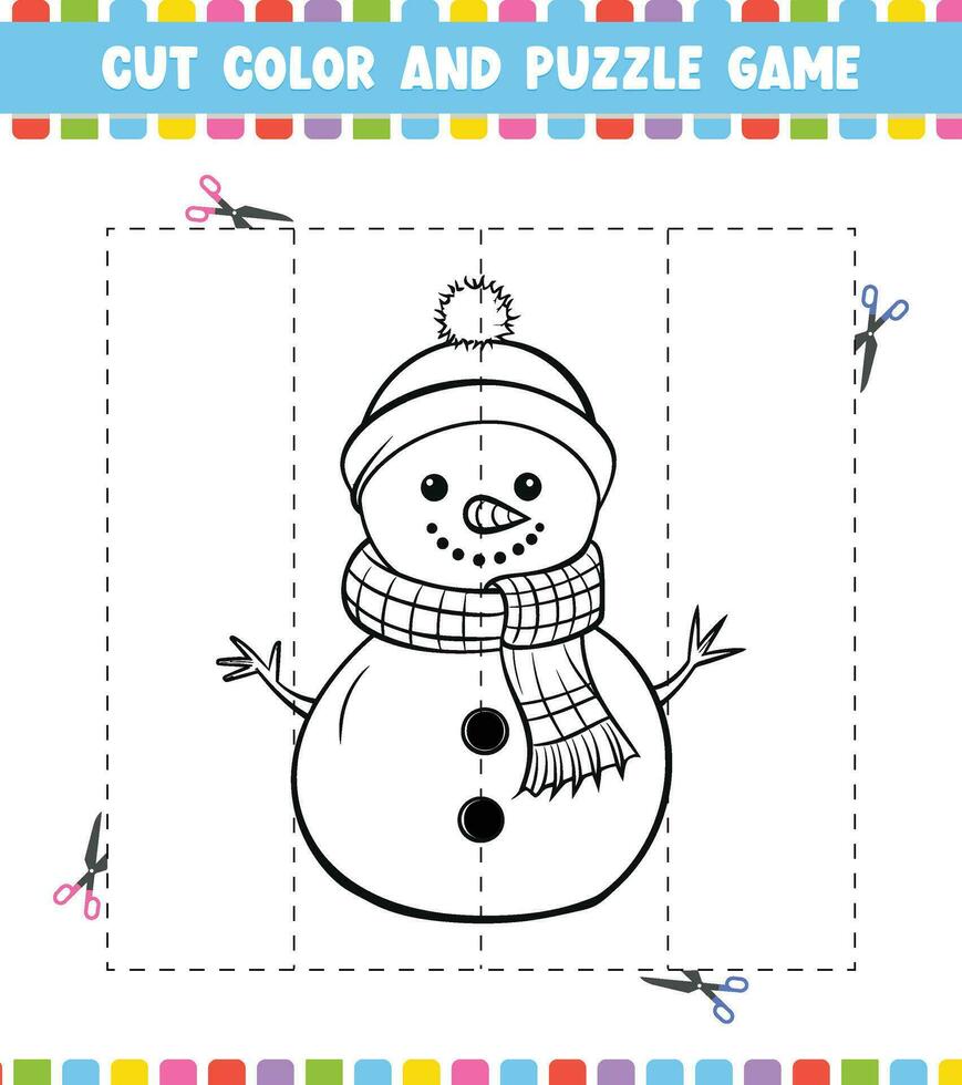 cortar color educación hoja de cálculo juego para niños color actividad página rompecabezas para niños Navidad tema vector