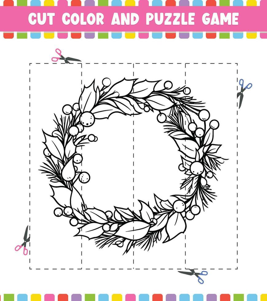 Cut color education worksheet game for kids color activity page puzzle for  children Christmas theme vector