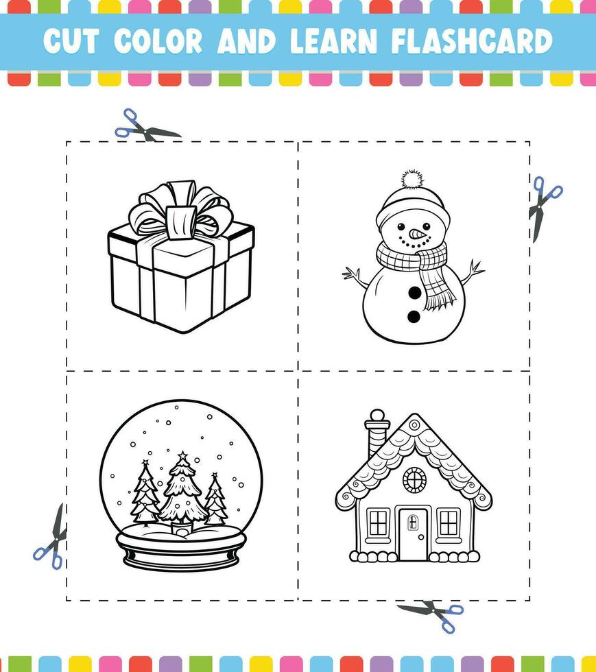 cortar color y aprender tarjeta de memoria flash actividad colorante libro para niños dibujos animados personaje negro contorno silueta Navidad tema vector