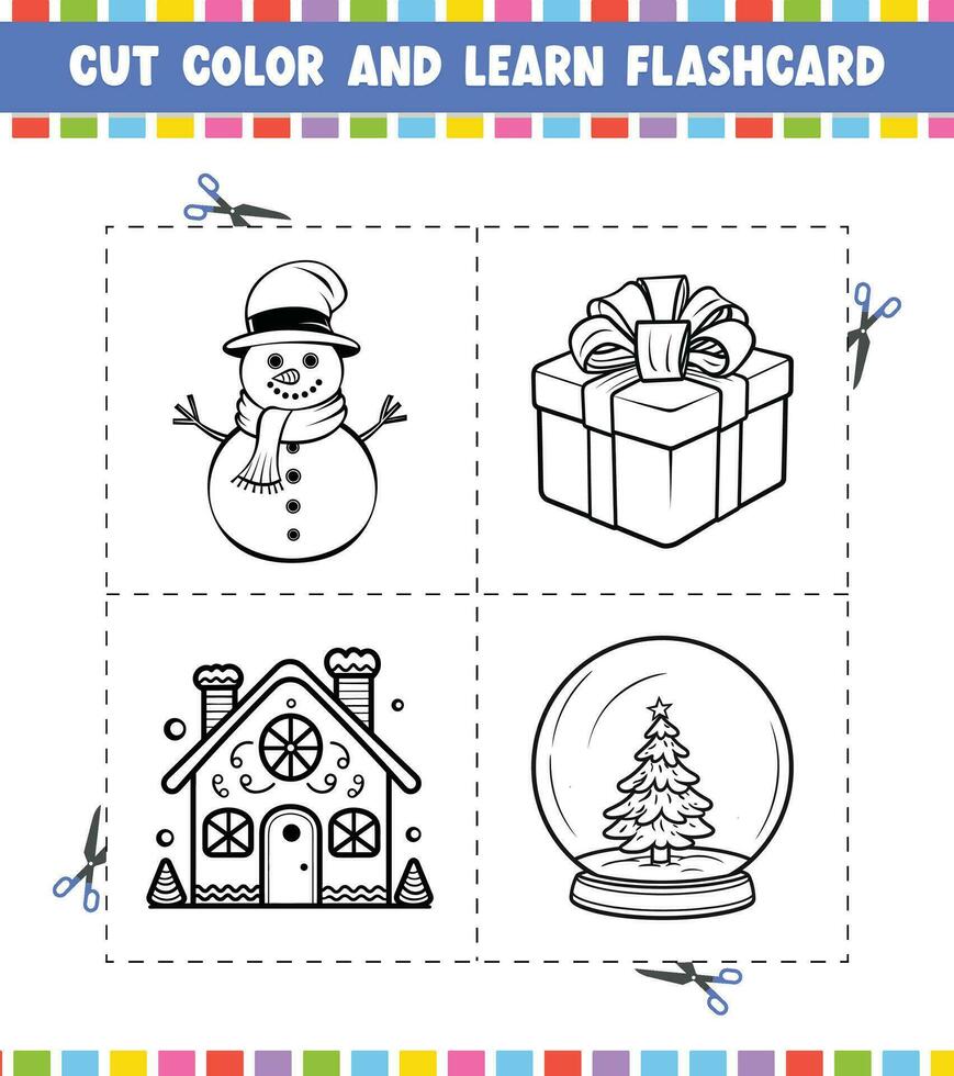 cortar color y aprender tarjeta de memoria flash actividad colorante libro para niños dibujos animados personaje negro contorno silueta Navidad tema vector