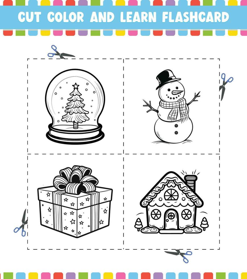 Cut Color And Learn Flashcard Activity coloring book for kids cartoon  character black contour silhouette Christmas theme vector