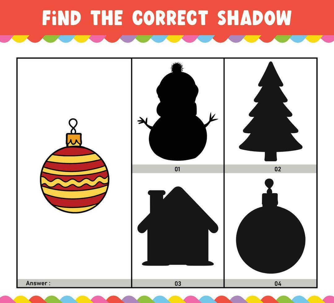 Find the correct shadow educational shadow match game worksheet for kids cartoon vector illustration Christmas Theme