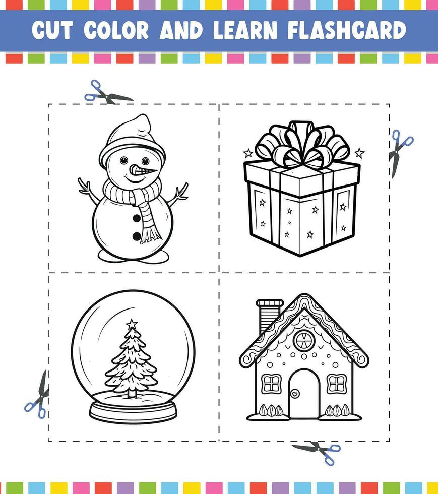 cortar color y aprender tarjeta de memoria flash actividad colorante libro para niños dibujos animados personaje negro contorno silueta Navidad tema vector