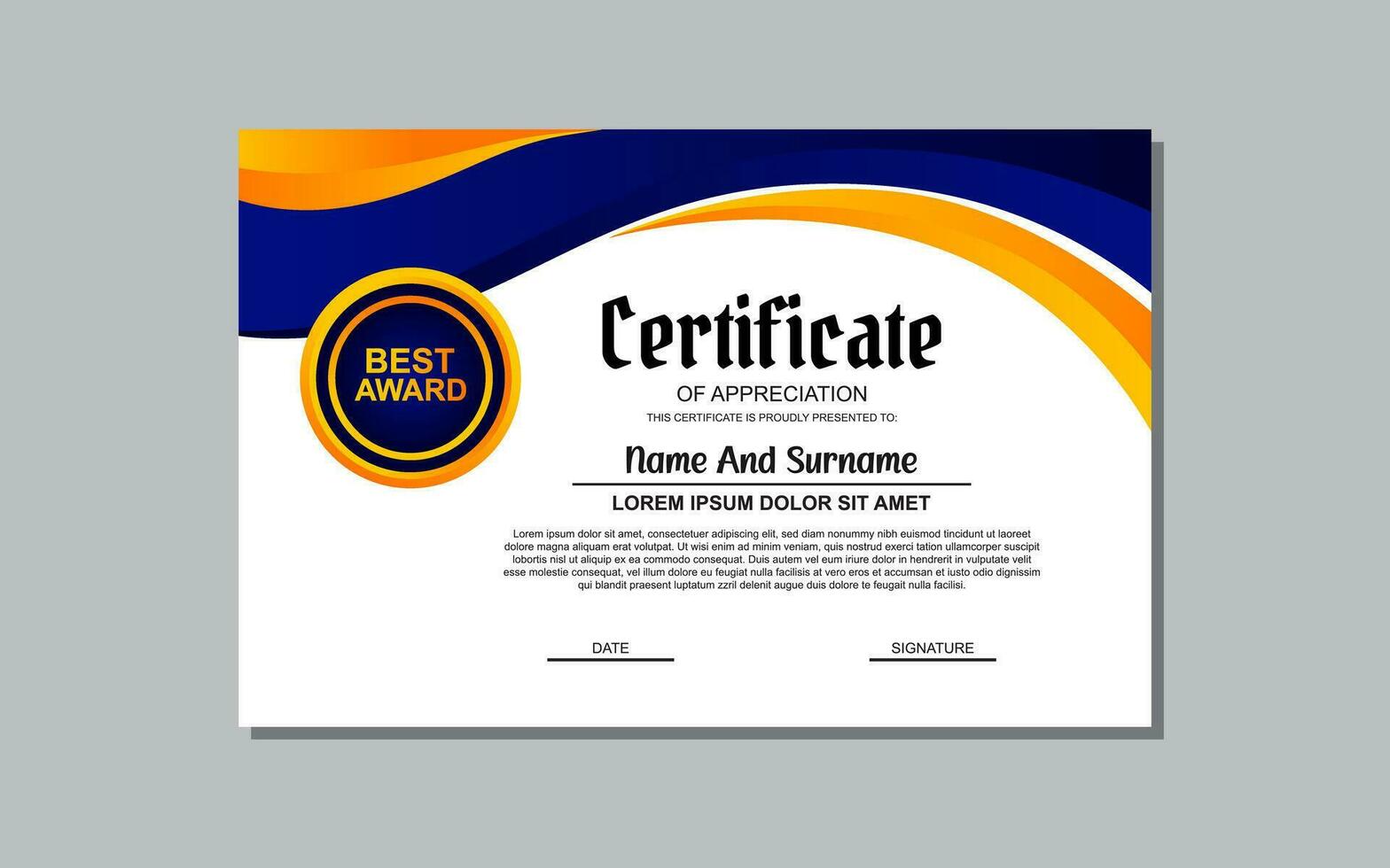 a certificate template with a blue and orange wavy design vector