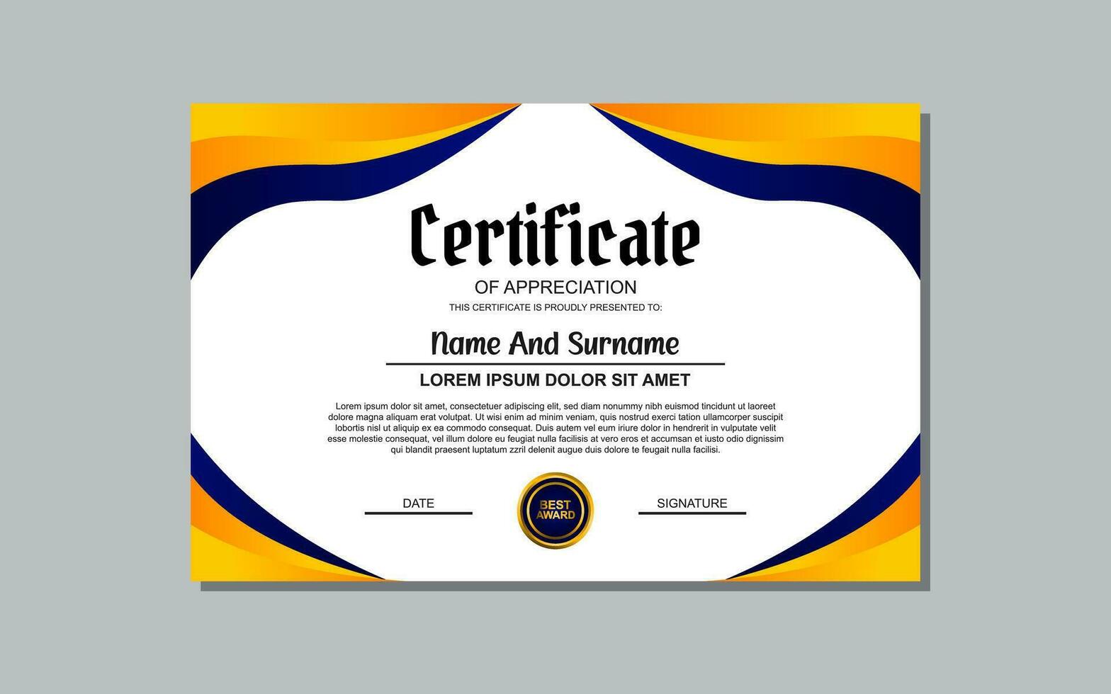 a certificate template with a blue and orange wavy design vector