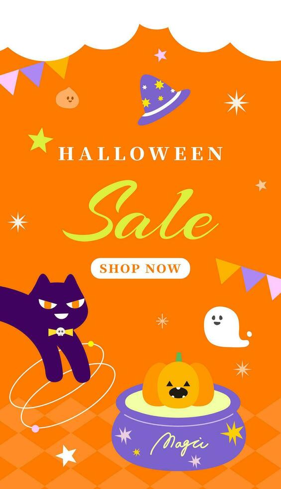 Halloween sale poster banner vector illustration template. Pumpkin witch circus party balloons website social media