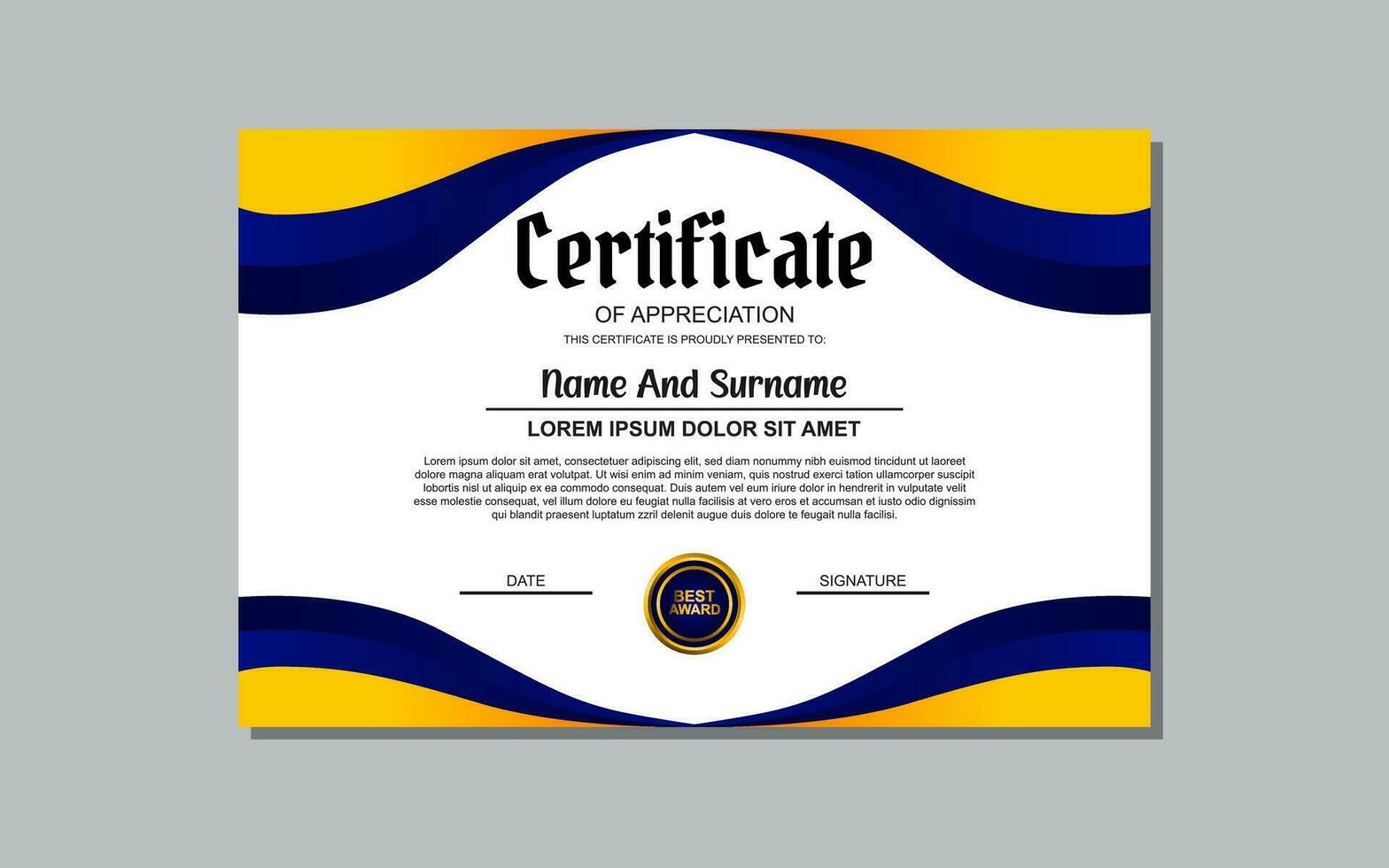 a certificate template with a blue and orange wavy design vector