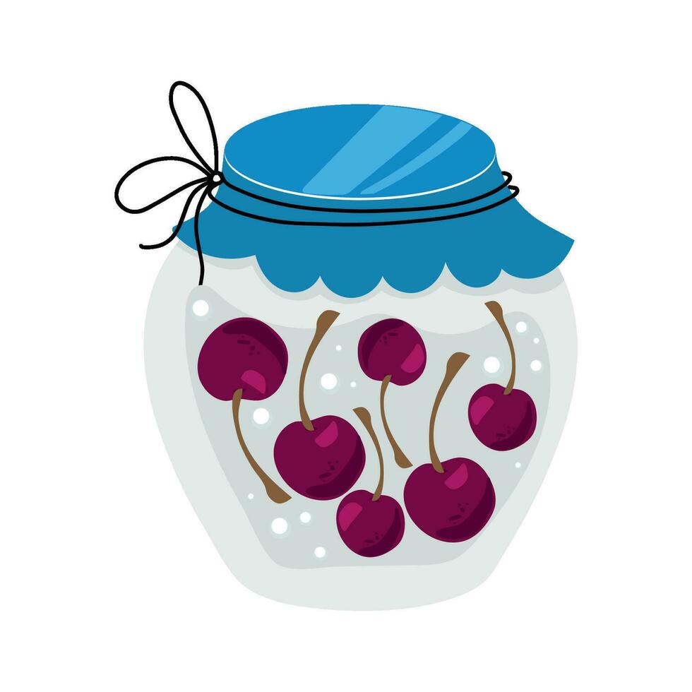 Homemade jars of preserving the cherry. Jam. Autumn harvest season. Vector illustration