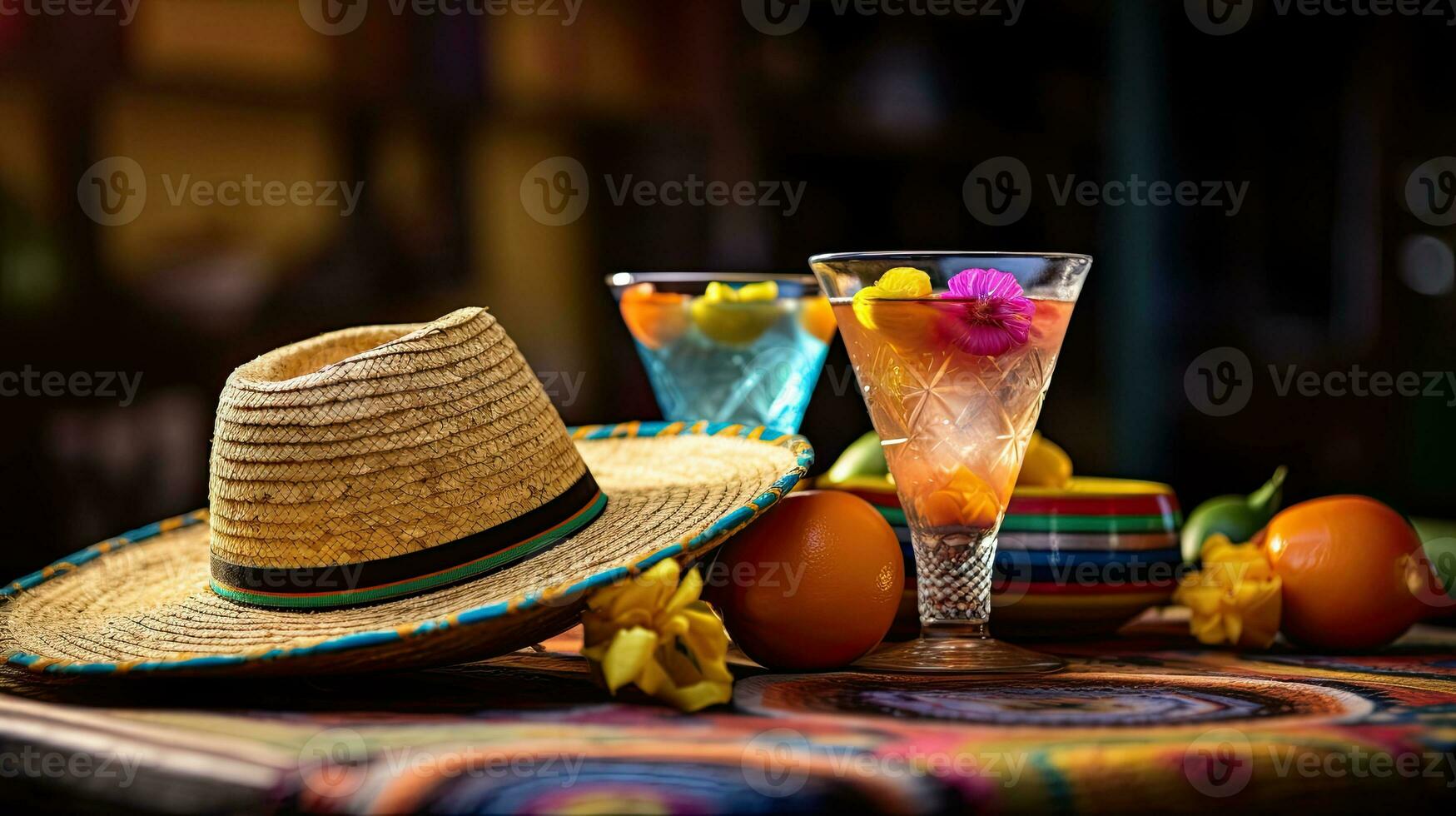 Fresco cóctel con sombrero en el mesa ai generativo foto