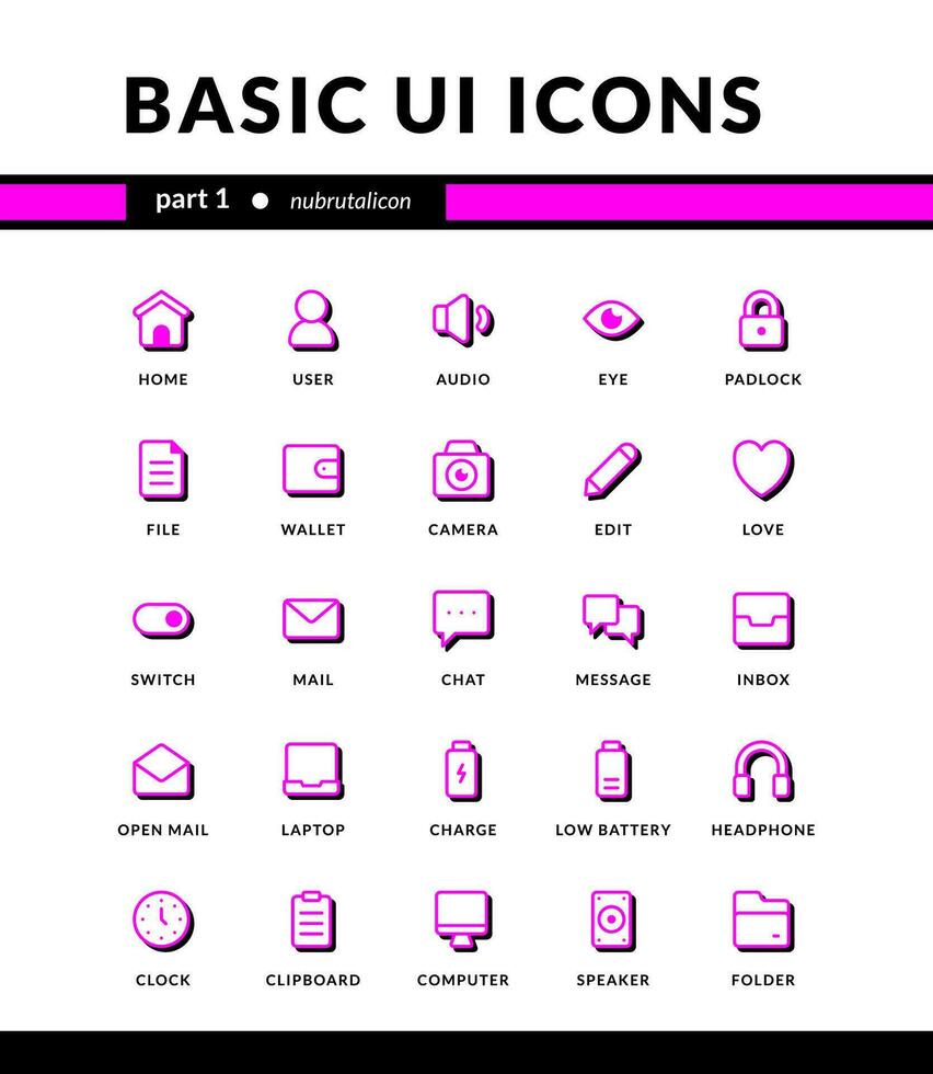 basic ui icons neubrutalism style for ui mobile interface essential collection set icons with shadow vector