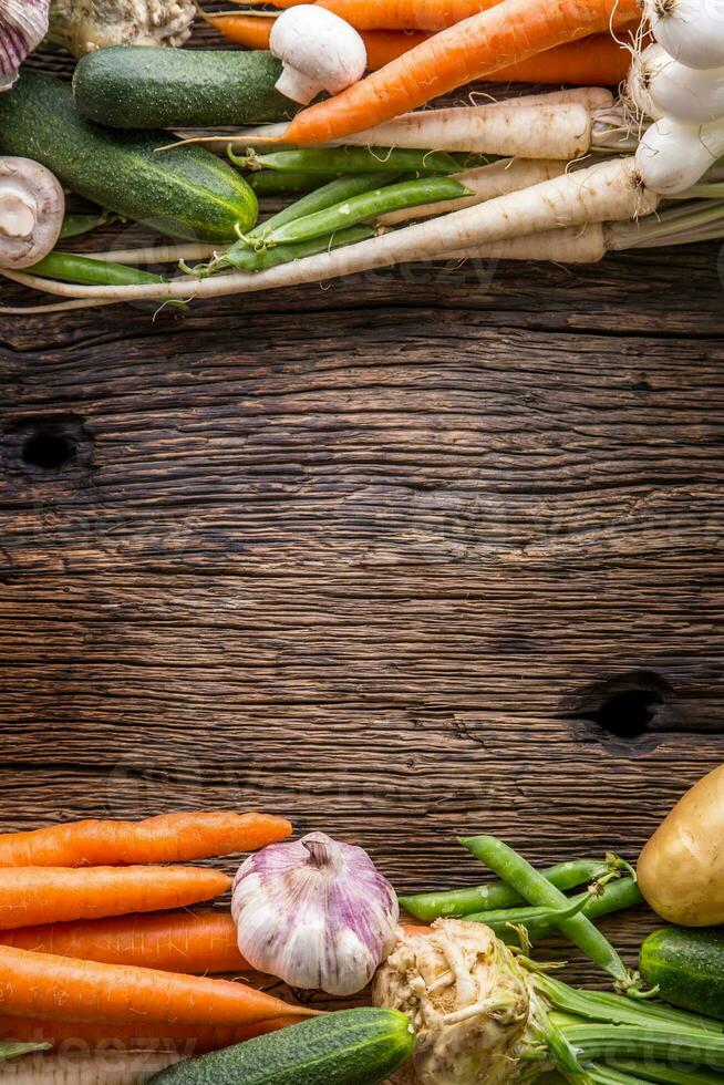 Assortment of fresh vegetables. Carrot garlic kohlrabi onion celery cucumber parsnip and radish on table. photo