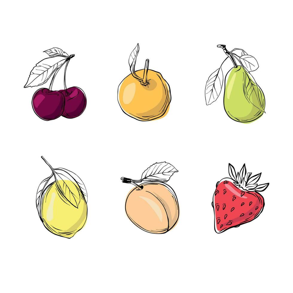Vector sketch fruits and berries icons set.  Collection hand drawn farm product for restaurant menu, market label.