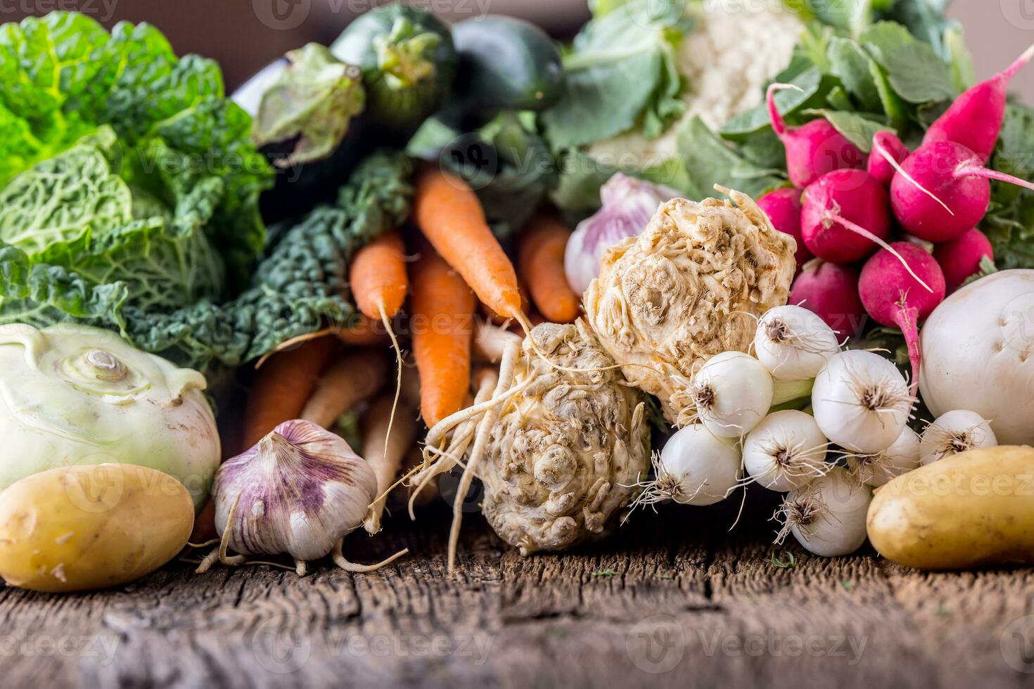 Assortment of fresh vegetables. Carrot garlic kohlrabi onion celery cucumber parsnip and radish on table. photo