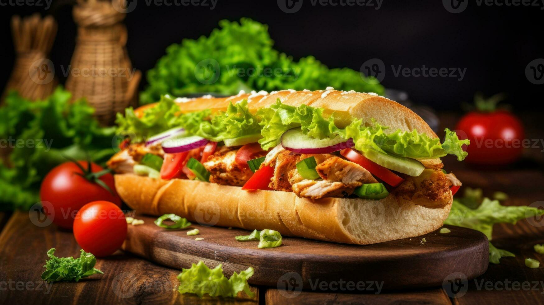 Half of a baguette with chicken, leaf salad, cucumber, pepper, and tomatoes in a dark background. Generative AI. photo