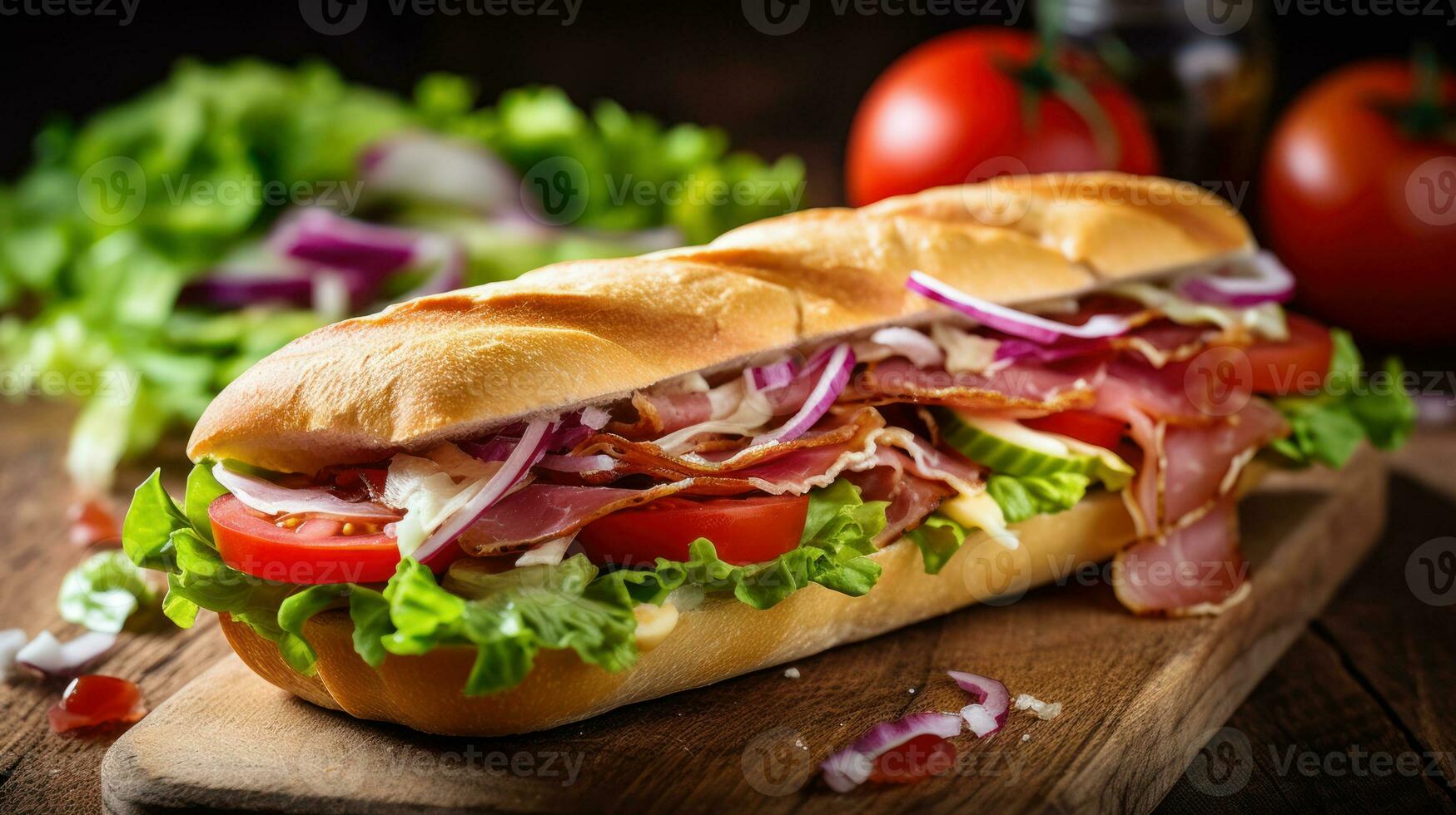 Tasty baguette filled with salad, tomatoes, onions and prosciutto. Generative AI photo