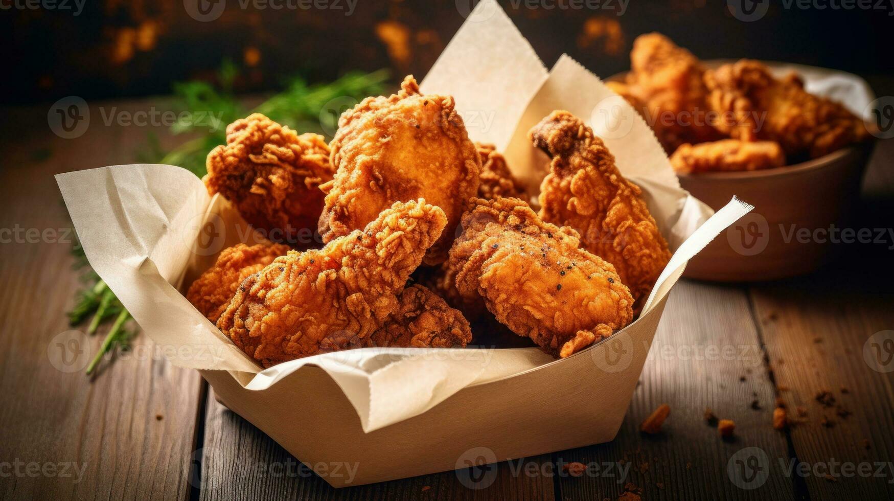 Crunchy fried chicken thighs as a take away food inside a paper box ready for delivery. Generative AI photo