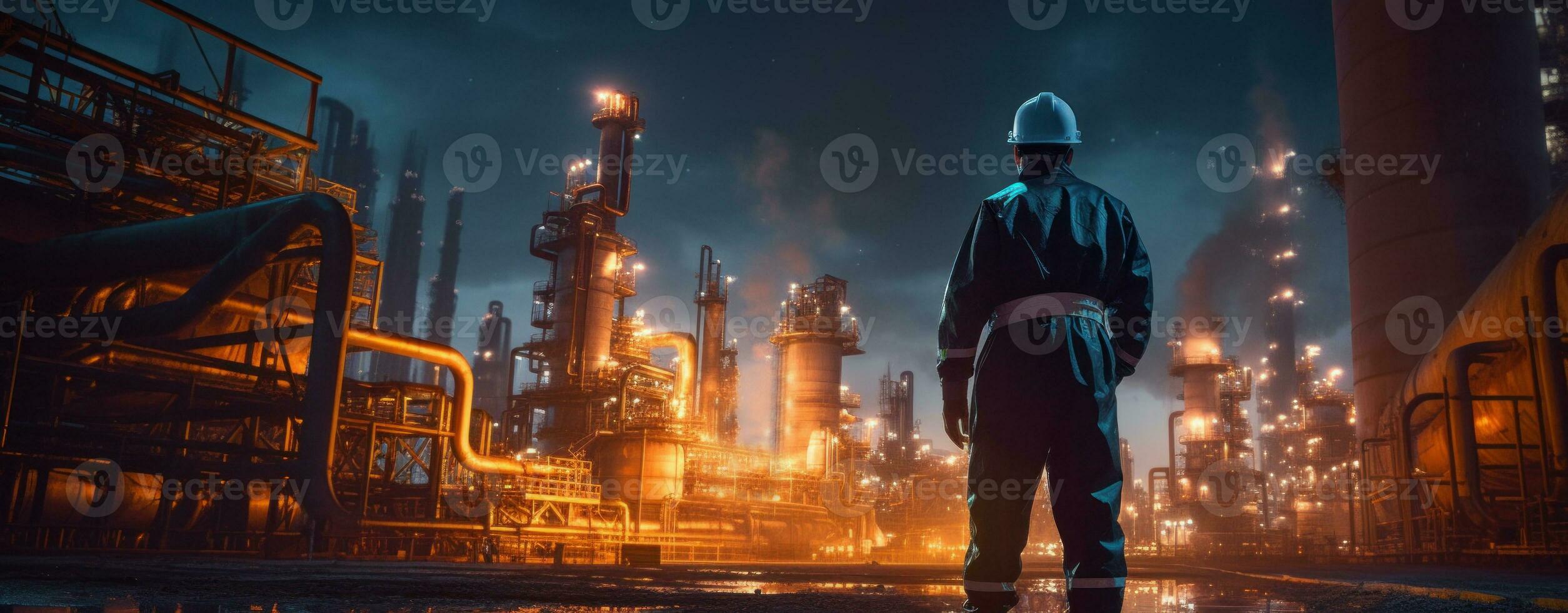 Chemical refinery lit at night with a foreman overssing it with his back to the camera. Generative AI photo
