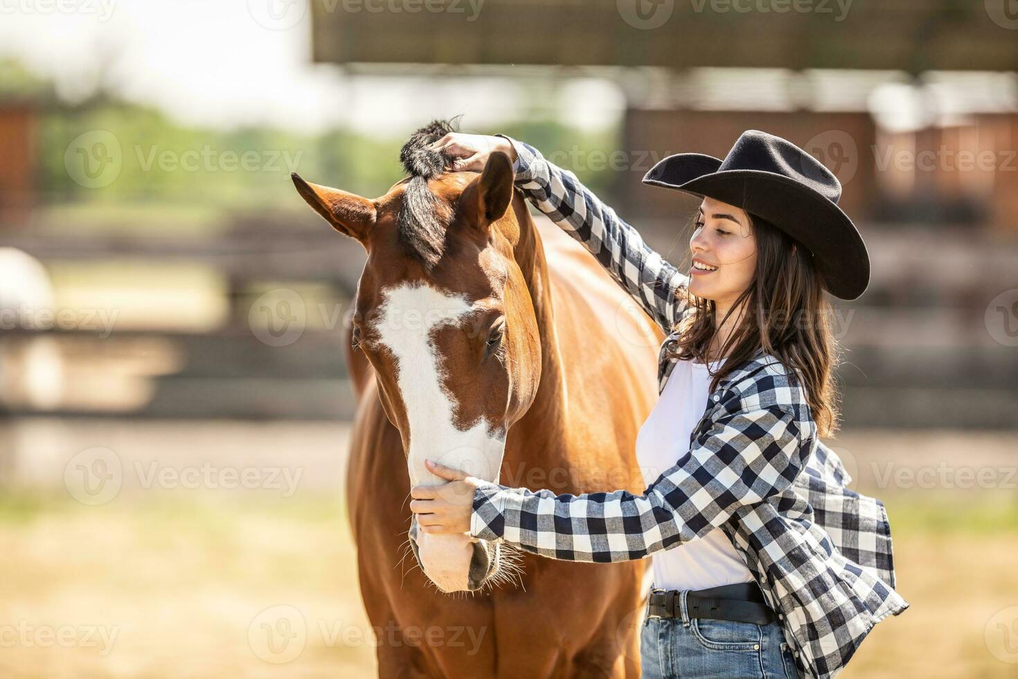 joven mujer cepillos su pintar caballo al aire libre en un granja foto