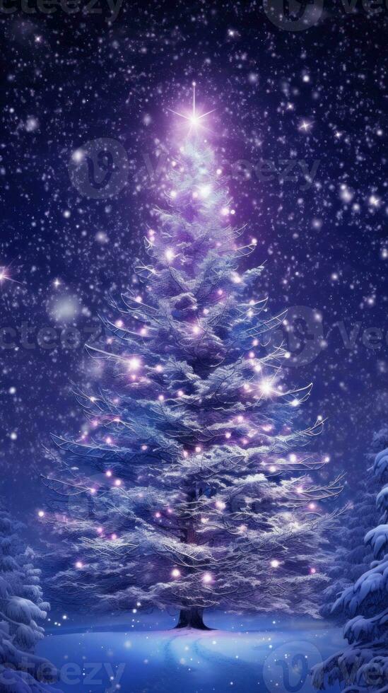 Illustrated illuminated Christmas tree in the snowy nature with white lights and dark blue surroundings. Generative AI photo