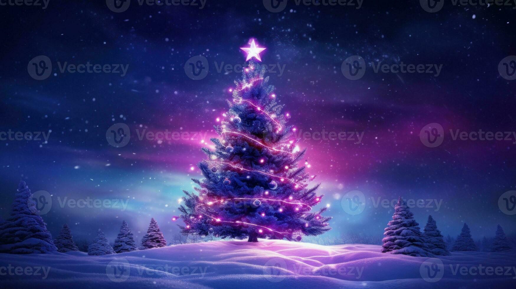 Solitary Christmas tree lit in purple and blue winter countryside with snow and stars above. Generative AI photo
