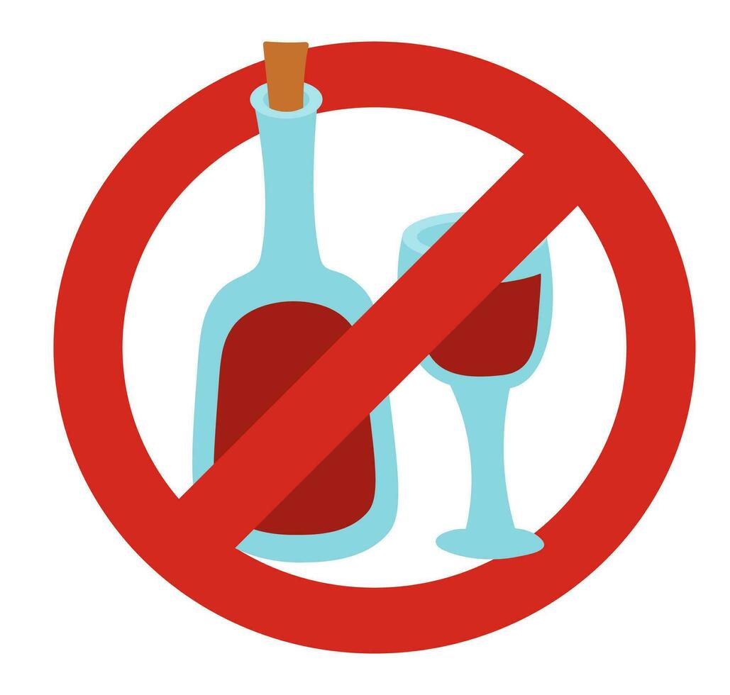 No alcohol sign with bottle of wine and glasses. Vector flat illustration.