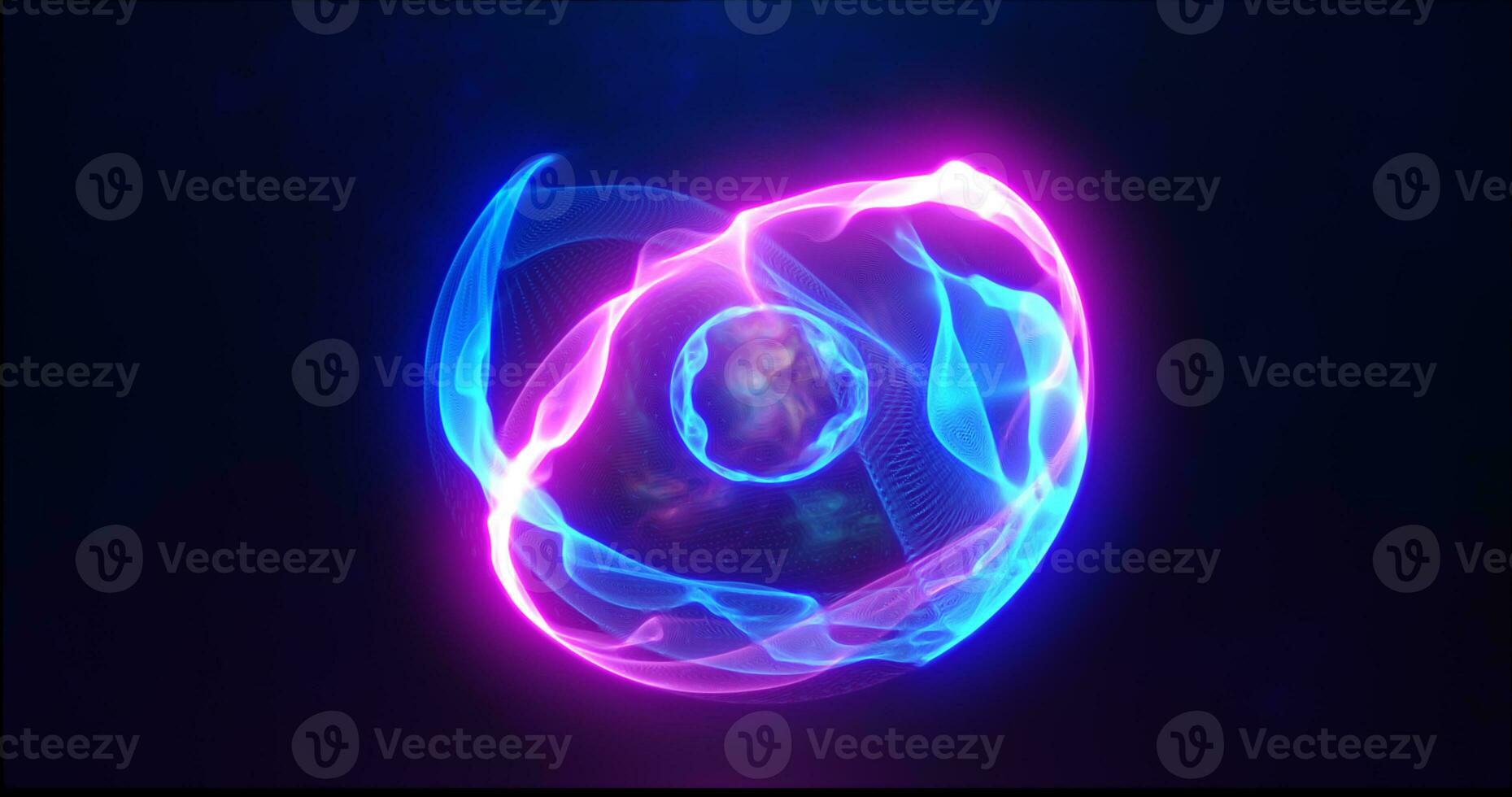 Blue purple energy sphere with glowing bright particles, atom with electrons and elektric magic field scientific futuristic hi-tech abstract background photo