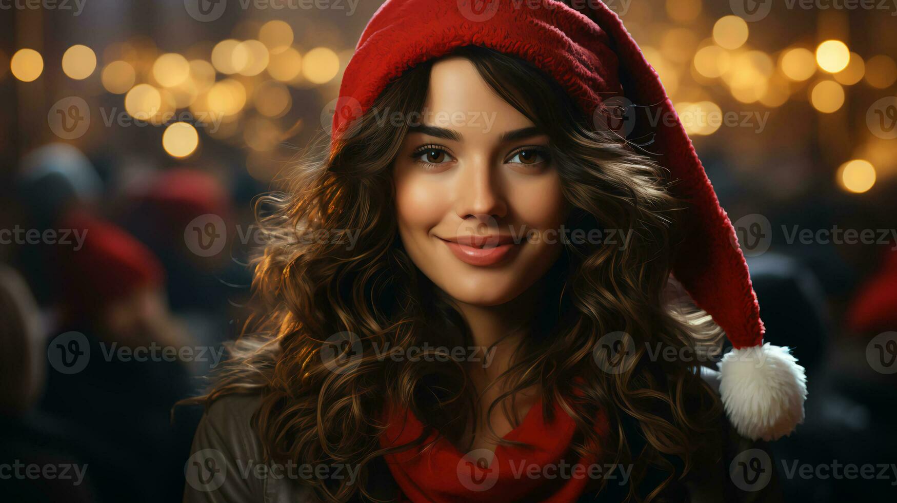 joven hermosa mujer en festivo Papa Noel claus sombrero para nuevo año y Navidad foto