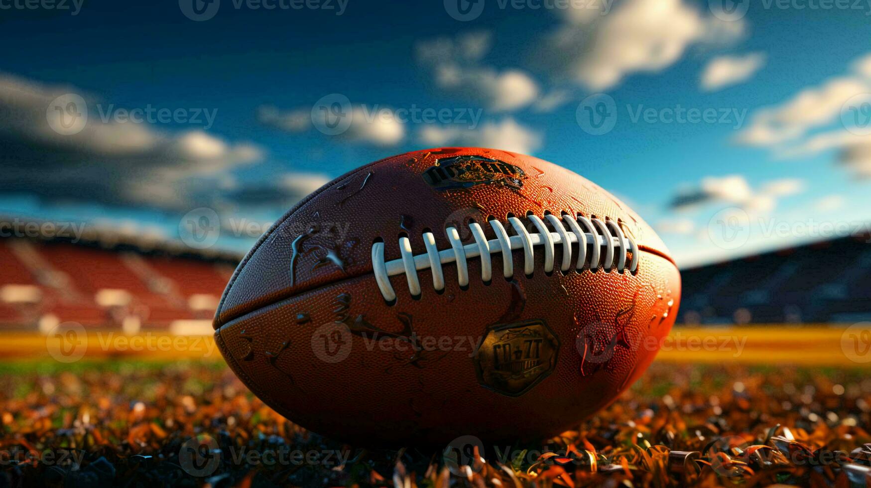 A leather ball for playing American football lies on the playing field photo